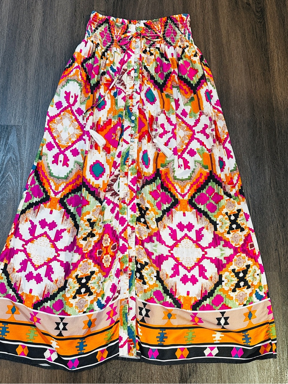 Boho Aztec Print Maxi Skirt Festival Western Smocked Waist Small - Picture 2 of 12